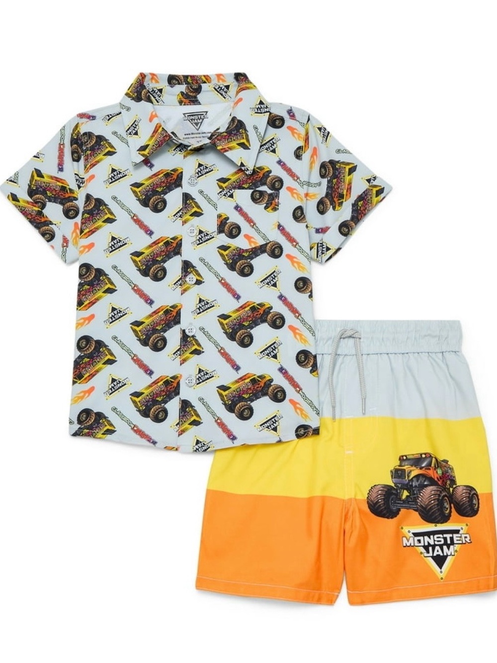 NWT boys monster Jam swimming trunks with matching resort button up size 4t